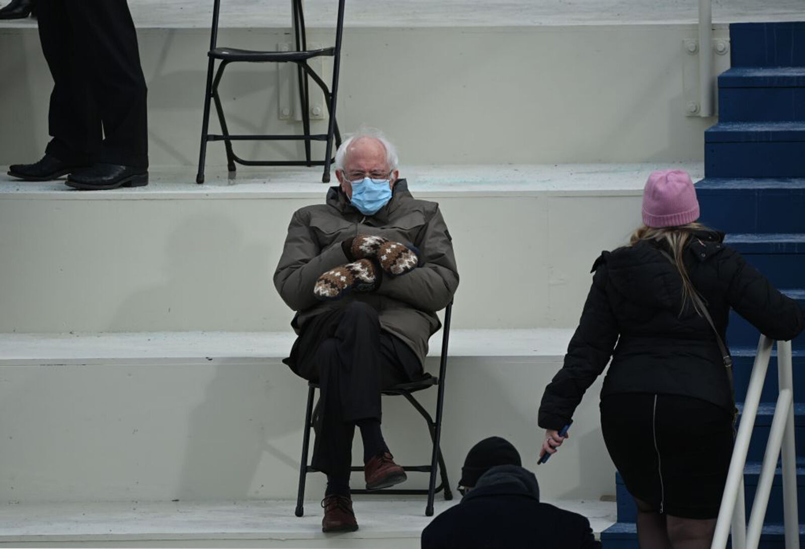 Former presidential candidate, Senator Bernie Sanders, I-Vt., sits in the bleachers on Capitol Hill before Joe Biden is sworn in as the 46th U.S. President on Jan. 20, 2021, at the U.S. Capitol in Washington, DC.